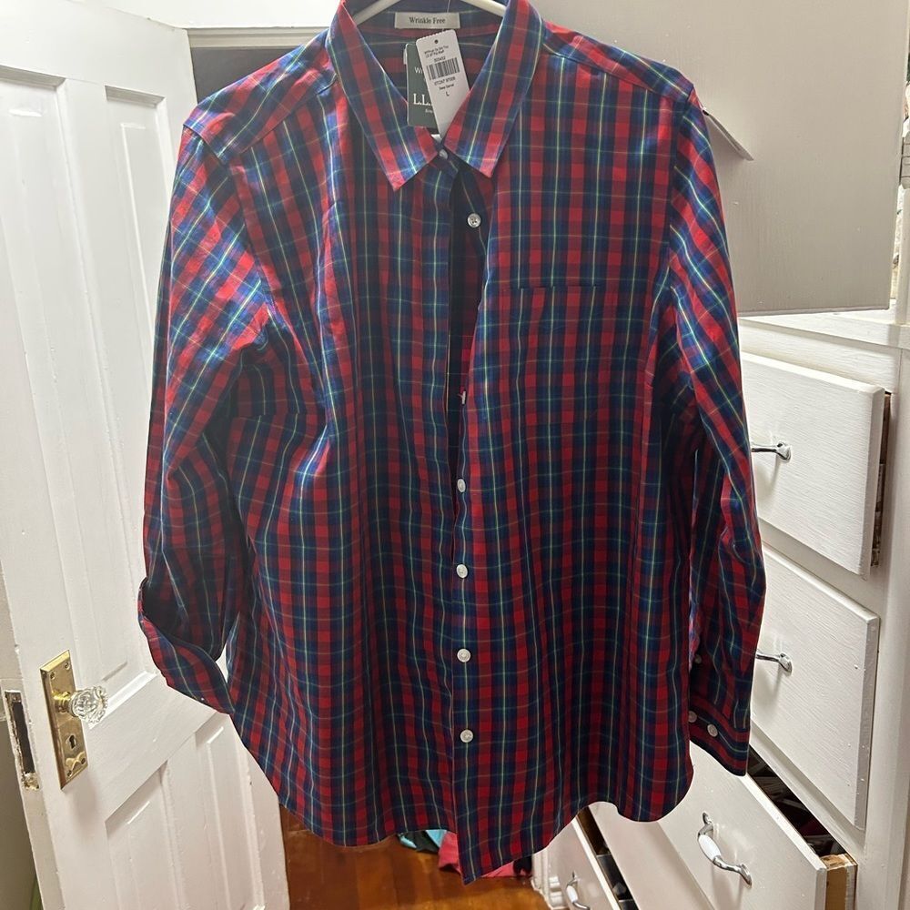 NEW LL Bean Wrinkle Free Cotton Pinpoint Oxford “Deep Garnet” Plaid L $29 OBO